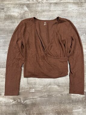 Aerie Brown Faux Wrap Long Sleeve Shirt Size XL